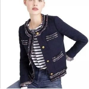 J Crew Lady Jacket Size 8 Blue Liberty Trim Tweed Blazer Floral Ruffle Buttons